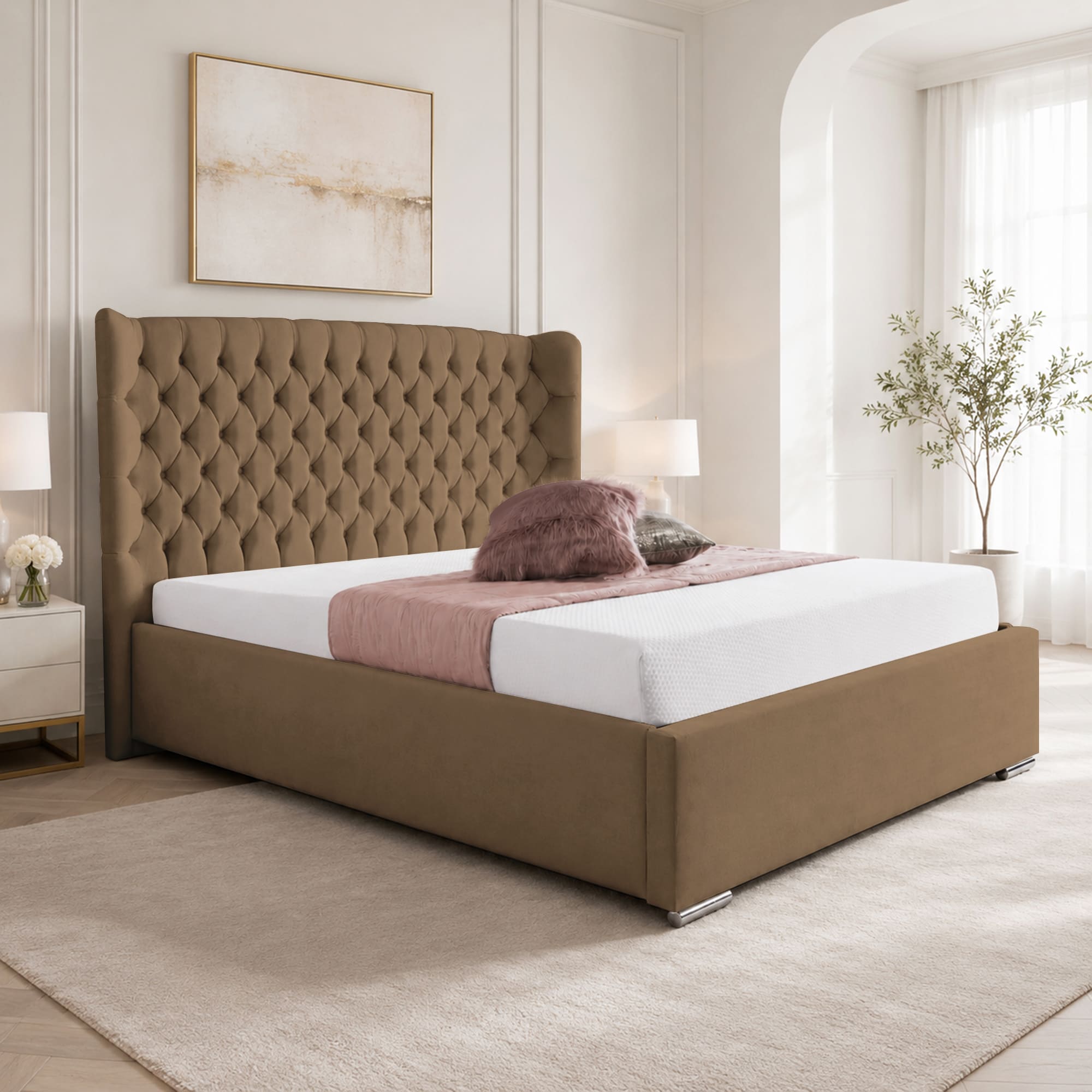 Upholstered Bed Frame Winged Plush Velvet Fabric