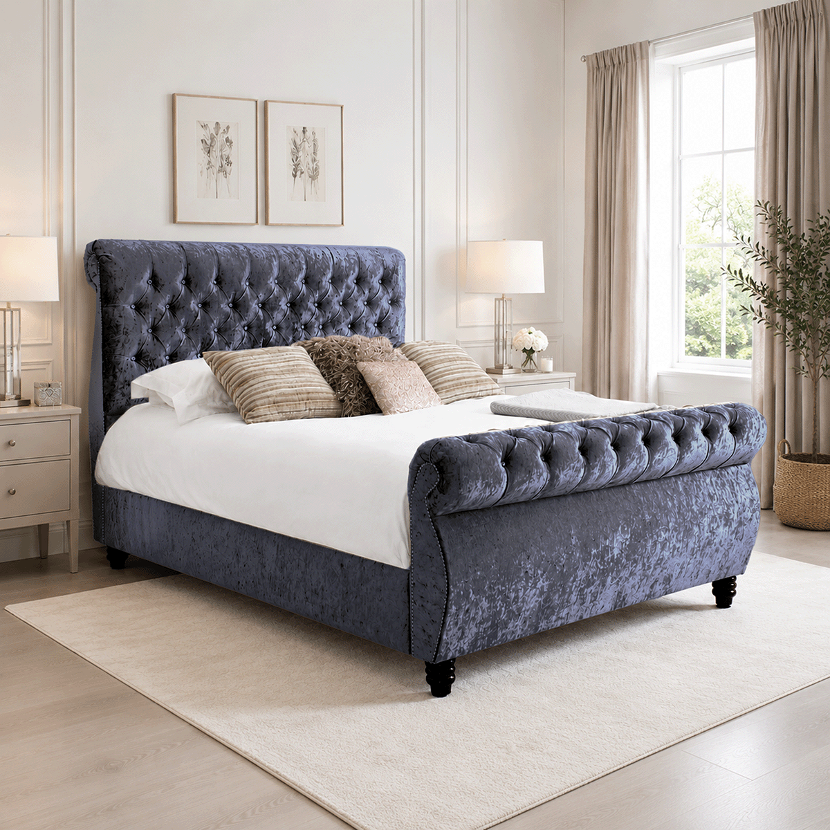 Royal Swan Sleigh Bed Crushed Velvet