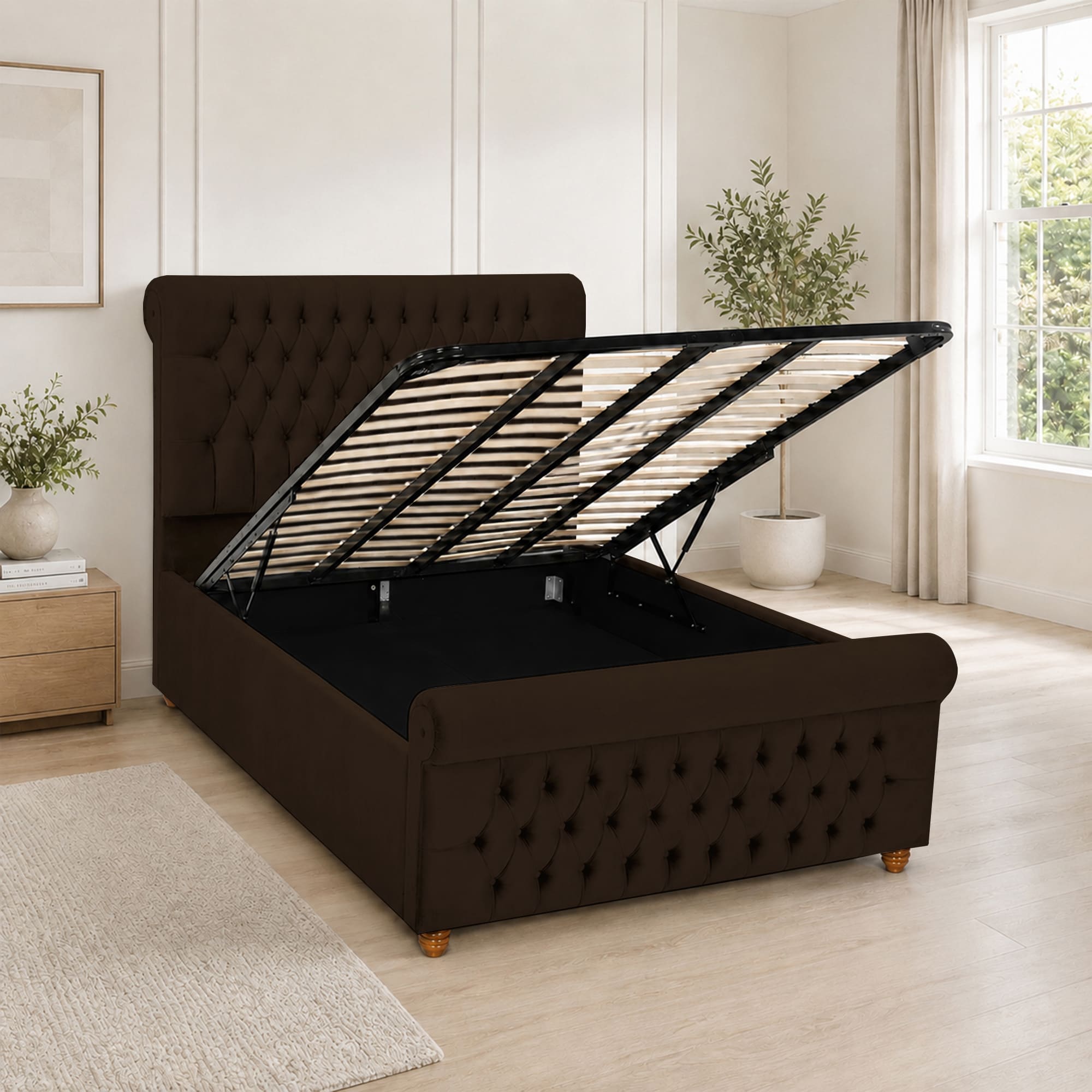 Luxury Plush Velvet Fabric Upholstered Bed With Headboard Ottoman Storage