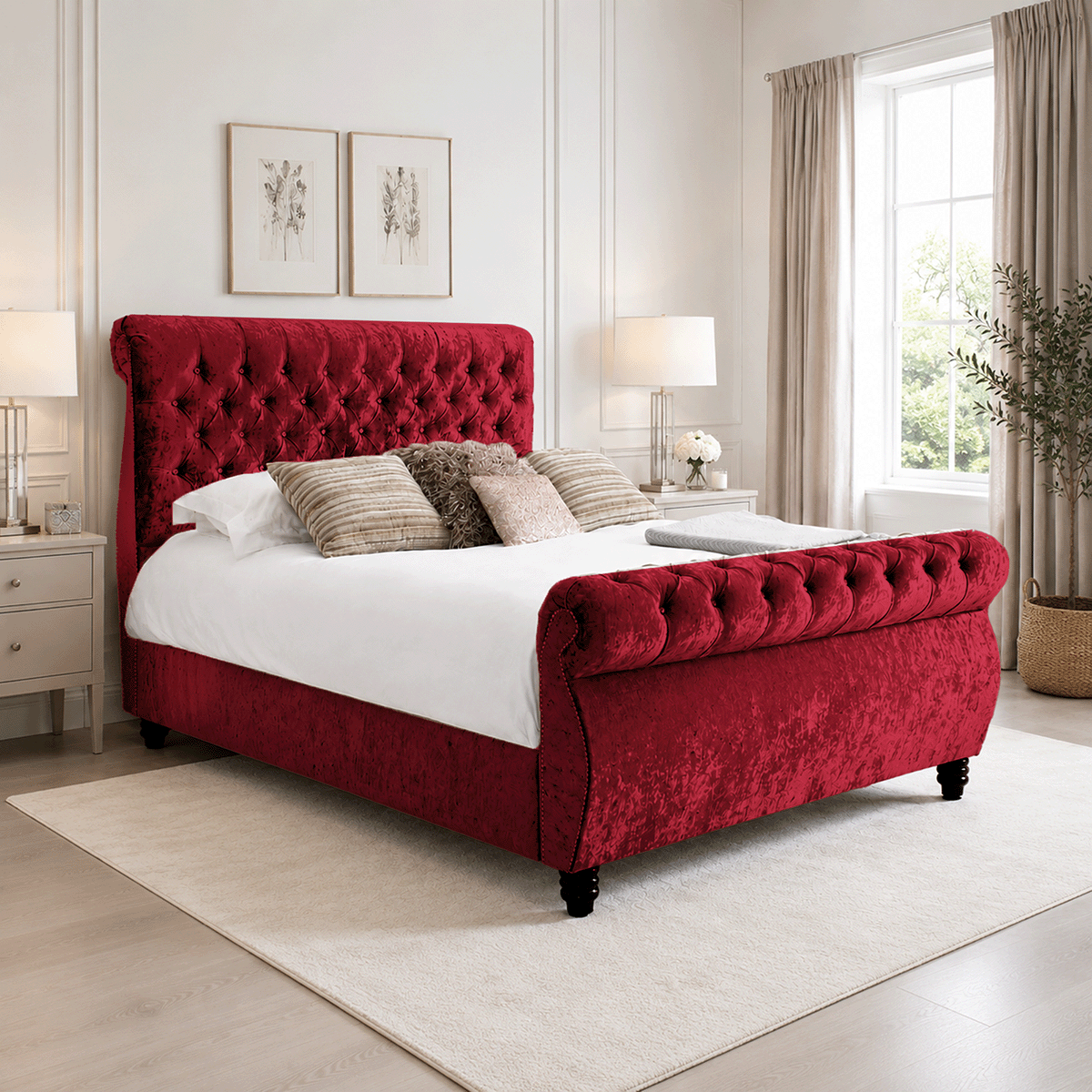 Royal Swan Sleigh Bed Crushed Velvet