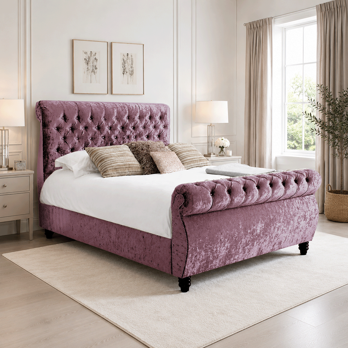 Royal Swan Sleigh Bed Crushed Velvet