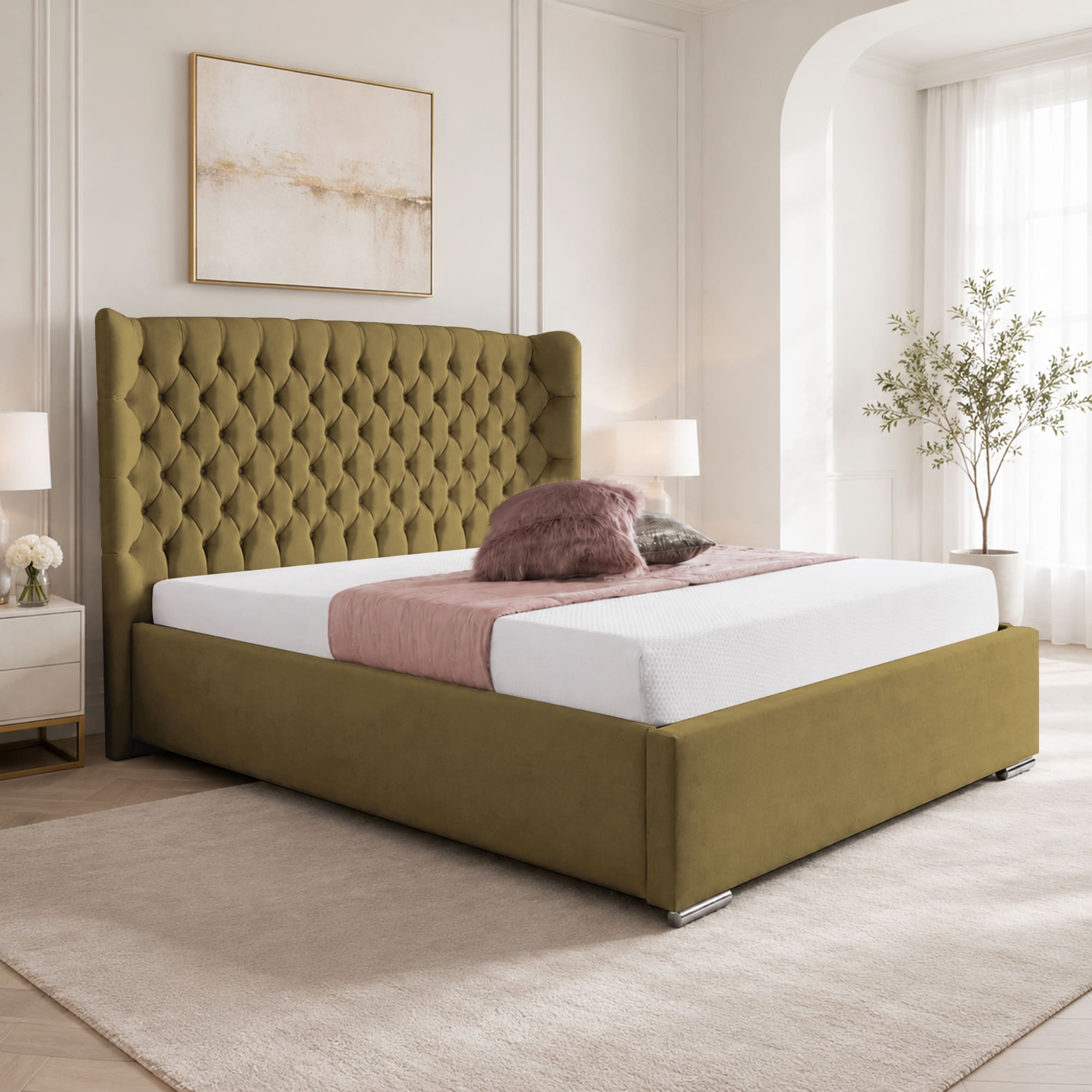 Upholstered Bed Frame Winged Plush Velvet Fabric