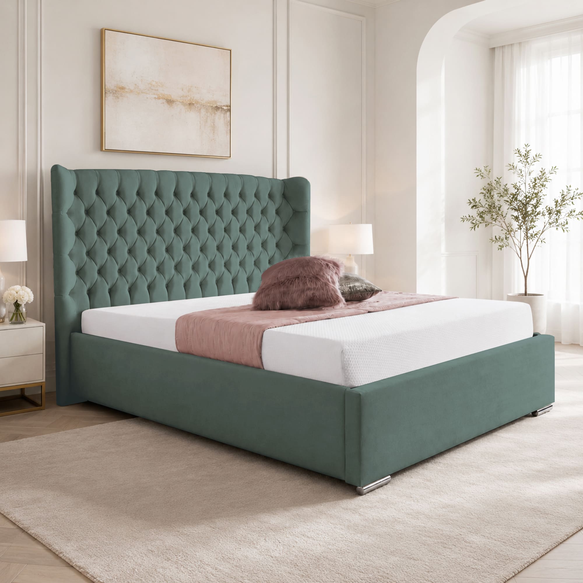 Upholstered Bed Frame Winged Plush Velvet Fabric