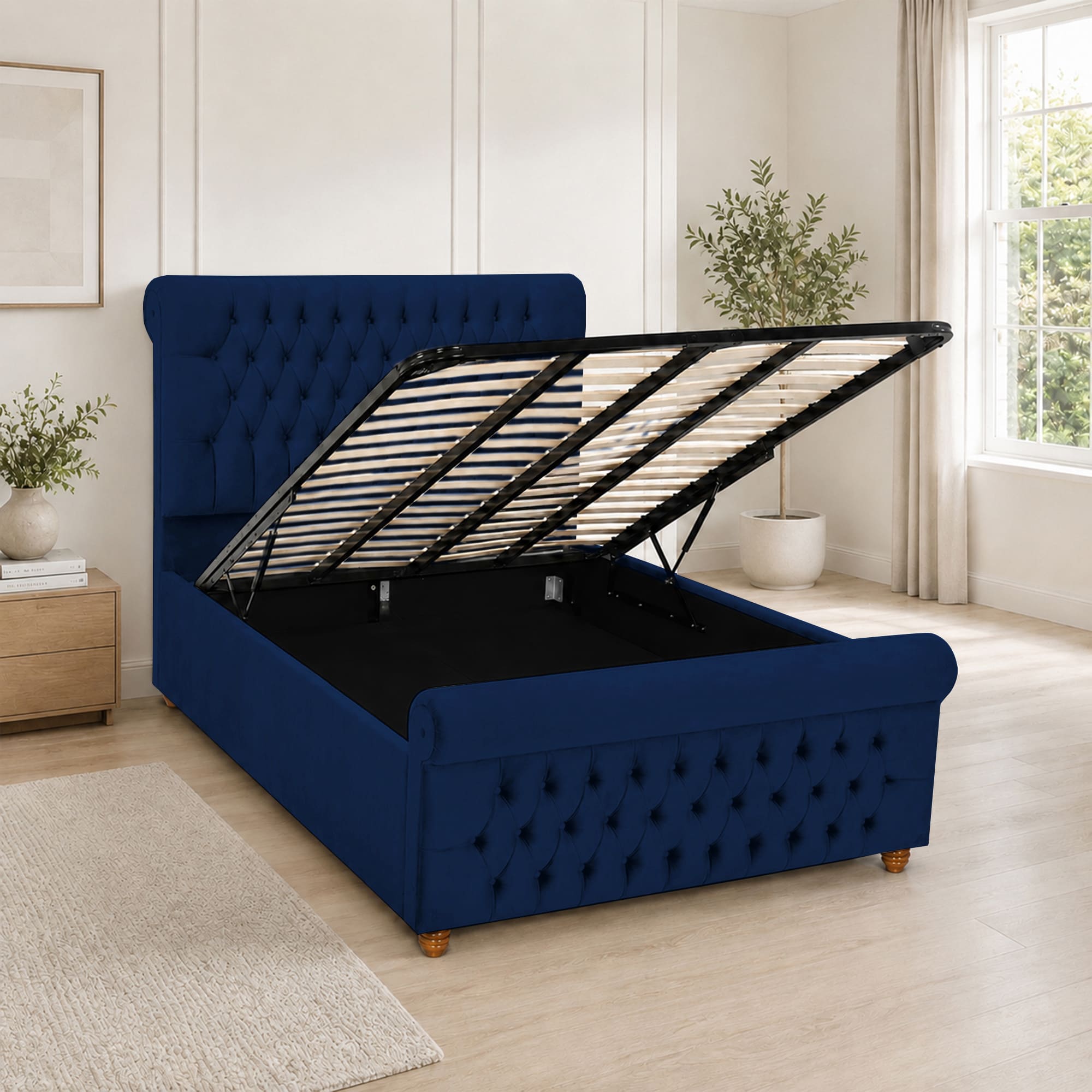 Luxury Plush Velvet Fabric Upholstered Bed With Headboard Ottoman Storage