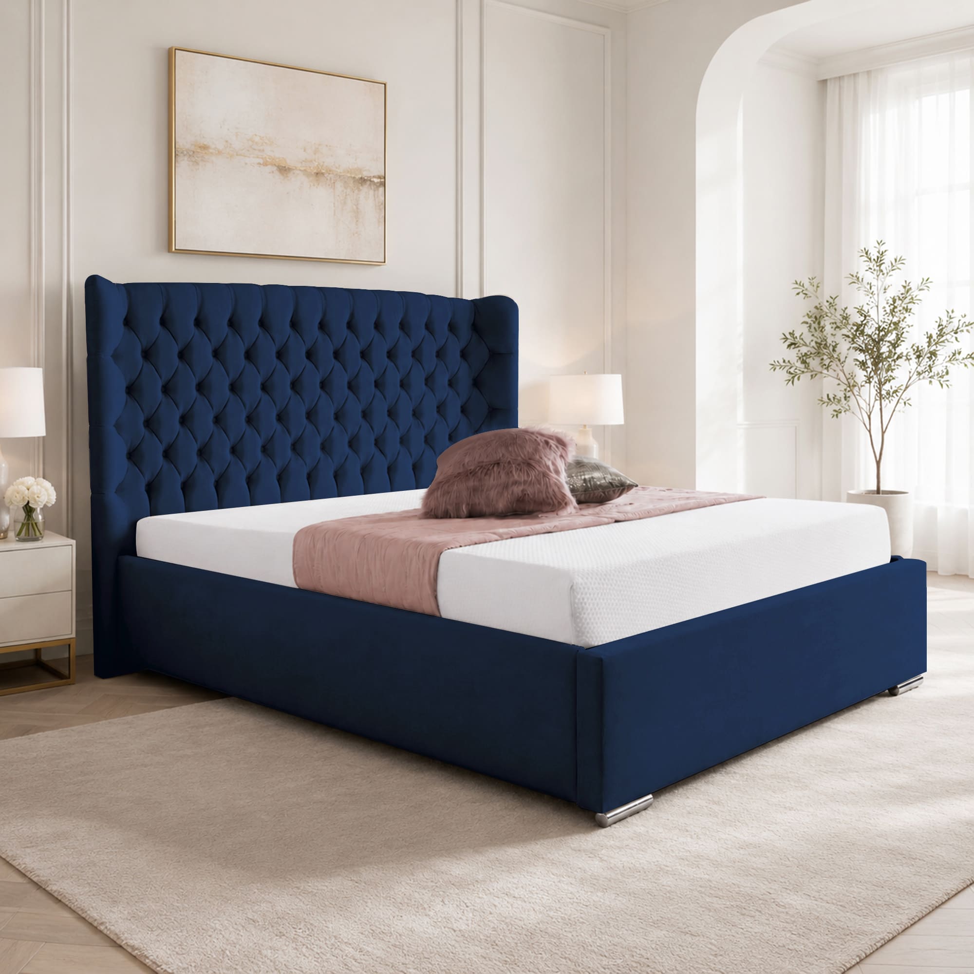 Upholstered Bed Frame Winged Plush Velvet Fabric