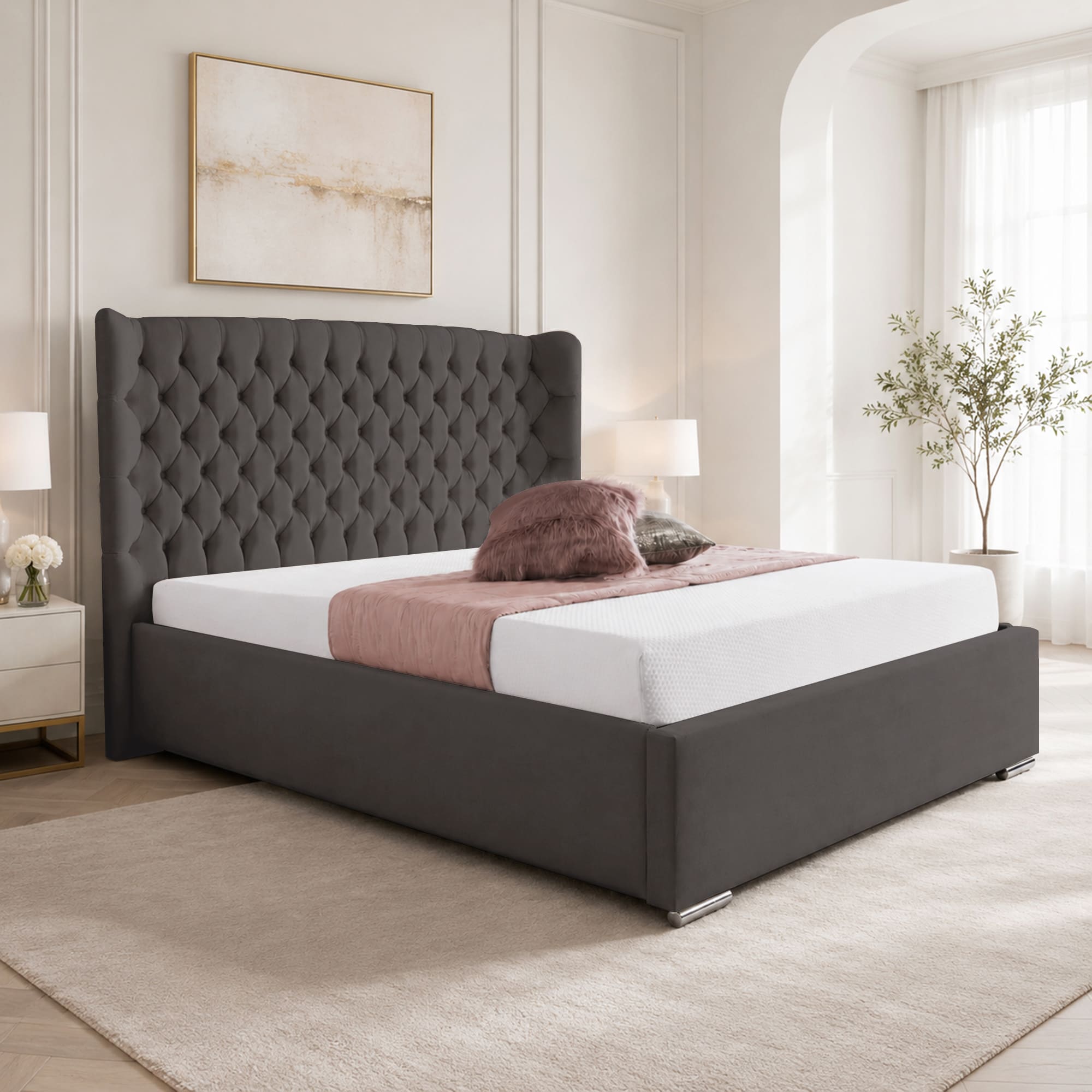 Upholstered Bed Frame Winged Plush Velvet Fabric