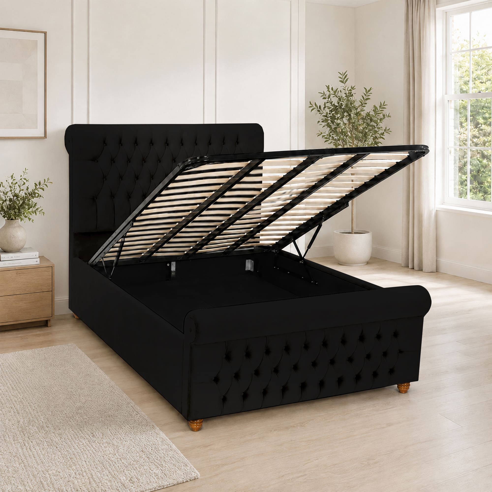 Luxury Plush Velvet Fabric Upholstered Bed With Headboard Ottoman Storage