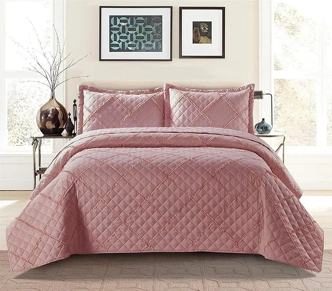 Ruffle Embossed 3 Piece Quilted Bedspread Set
